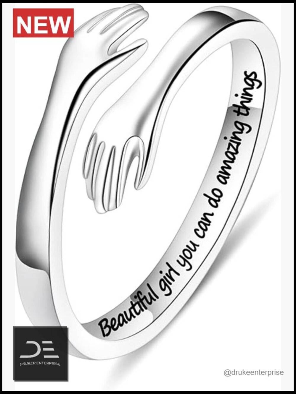 S925 Sterling Silver Hug Ring with Inspirational Engraving Adjustable